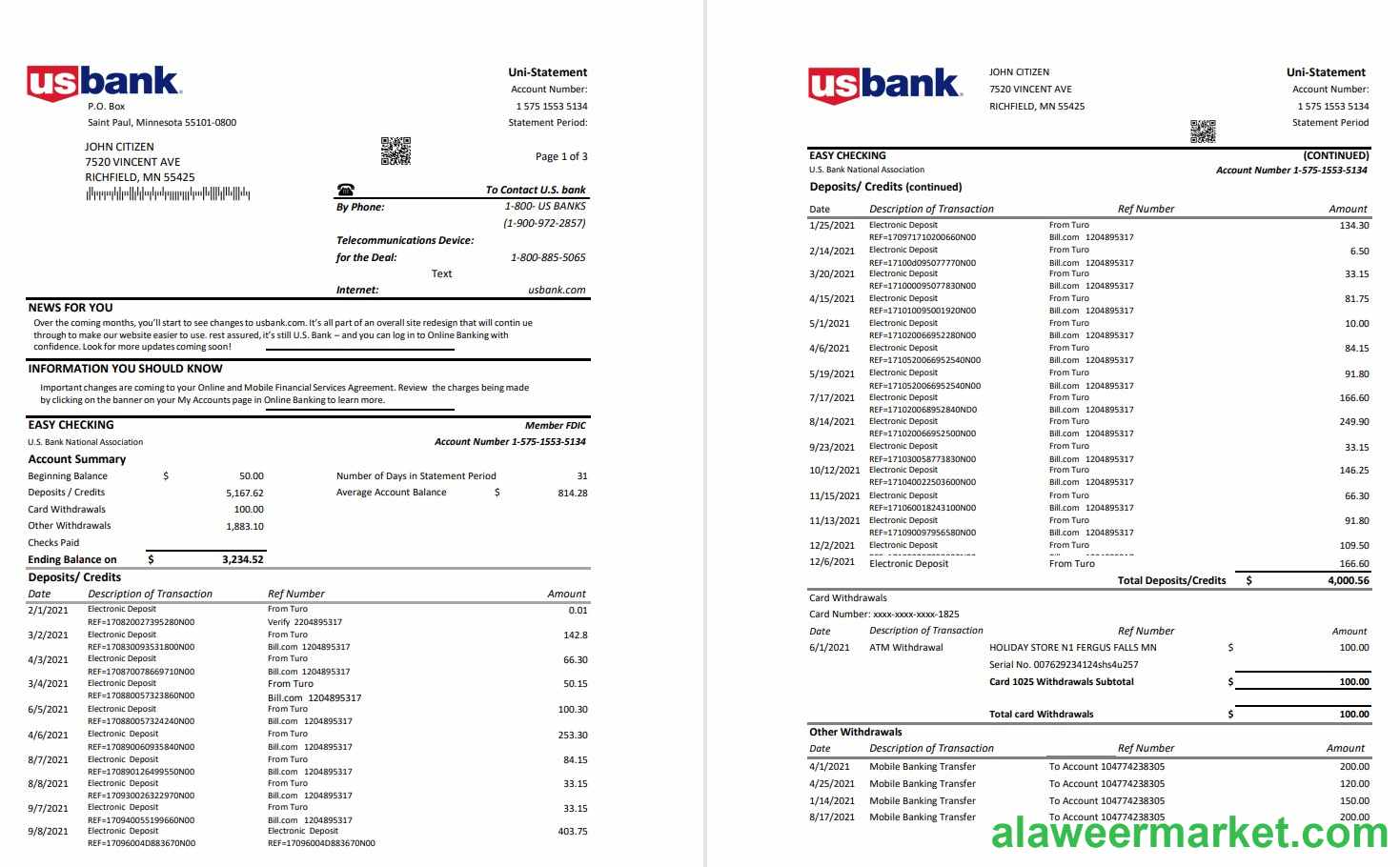 USA U.S. Bank statement template in Excel and PDF (.xls and .pdf file) format (3 pages)